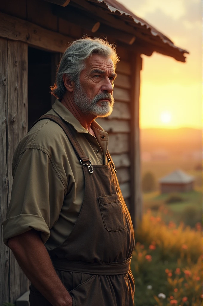 "A middle-aged man with a weathered face and graying hair stands in front of a simple wooden house in a peaceful village. The rising sun casts a warm glow over the landscape, highlighting the man’s rugged work clothes."