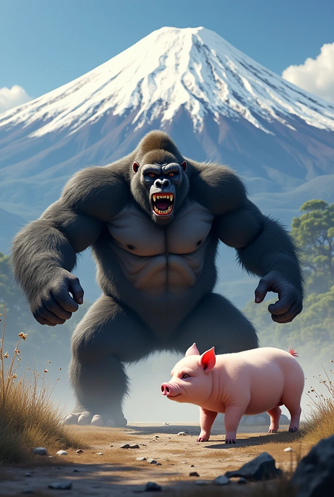 A fight between a handsome gorilla and a cute pig, with Mount Fuji in the background