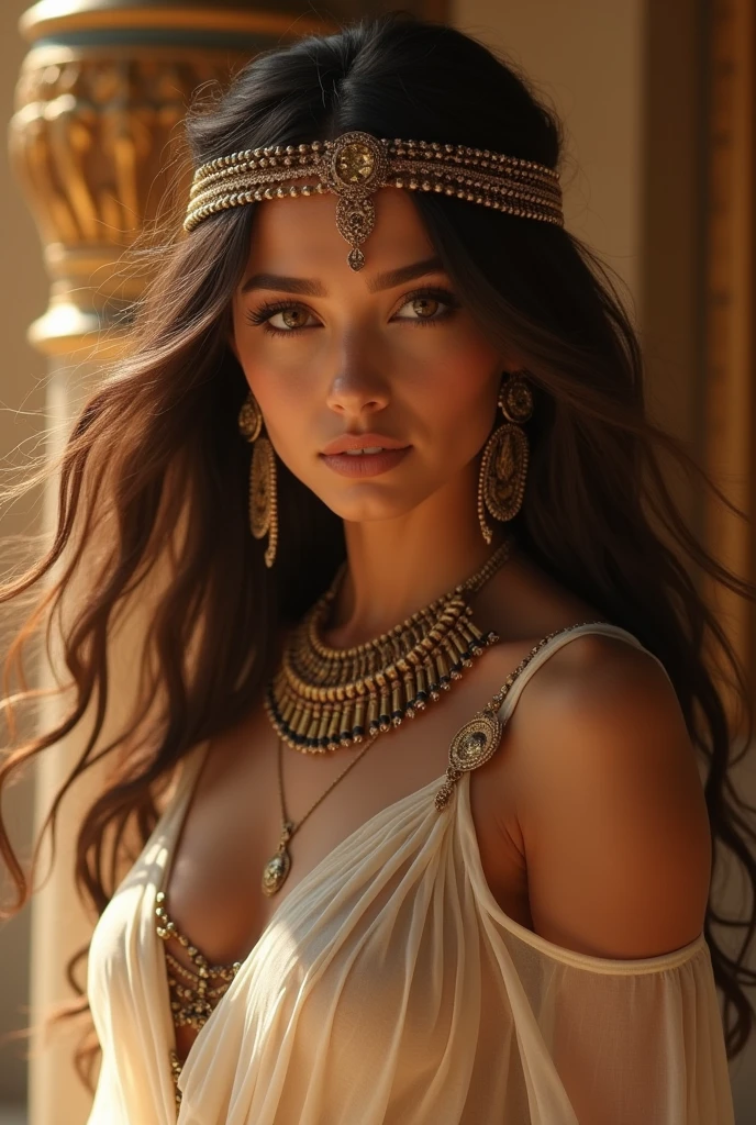 Create a beautiful Egyptian woman, straight brown loose hair, brown eyes and white