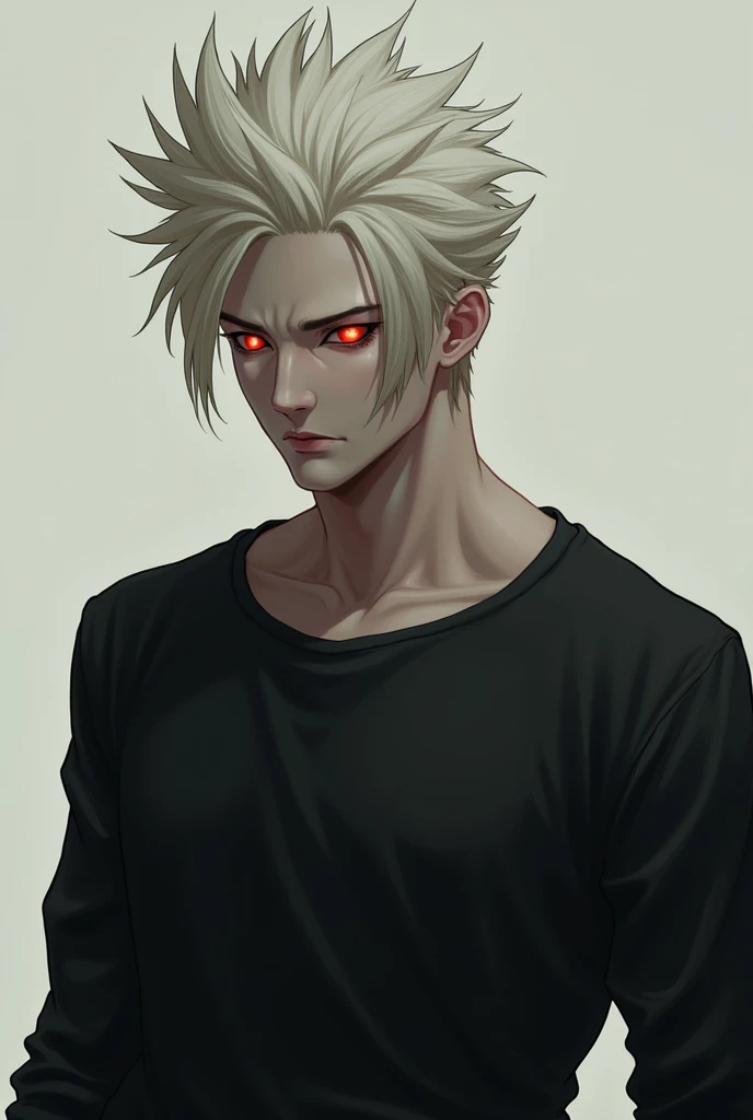 male character, spiky hair up, offwhite. Plain black shirt. eerie glowing red eyes. It is defined