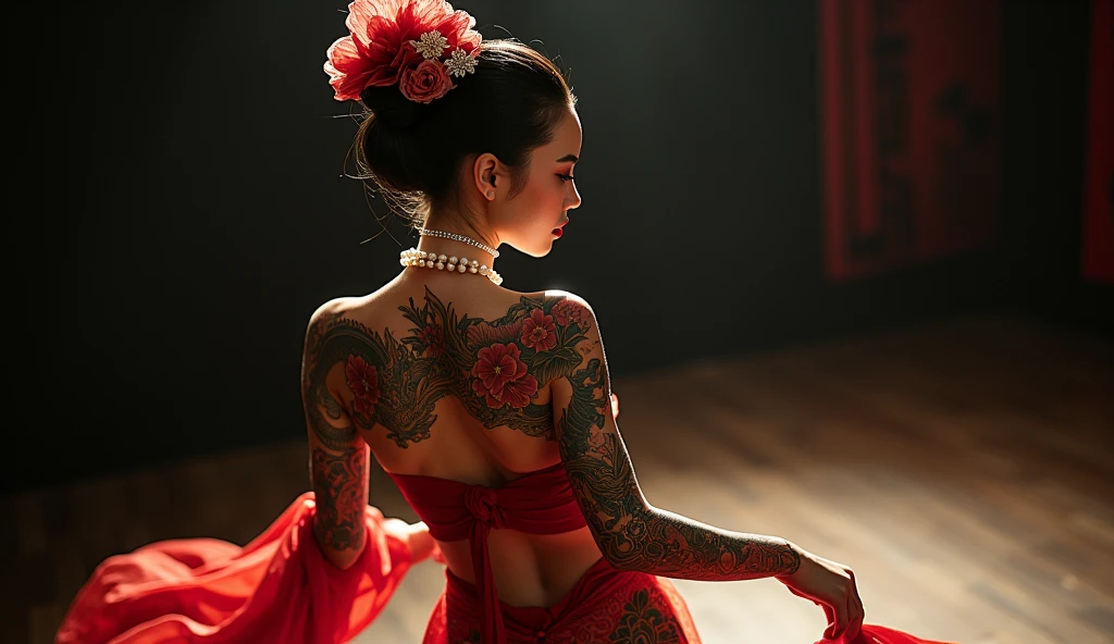 fashion glam kabuki style theater front view Japaneses nude beautiful model crystal and large pearls swarowsky chocker half body spin oiled with large flower in the hair with japan style symmetric tattoo large dragon and sakura large flowers covered full body include hands comes from hips to the back and waves black background photography in studio curve model 27 years 35 mm shot from the back 8k uhd soft light
