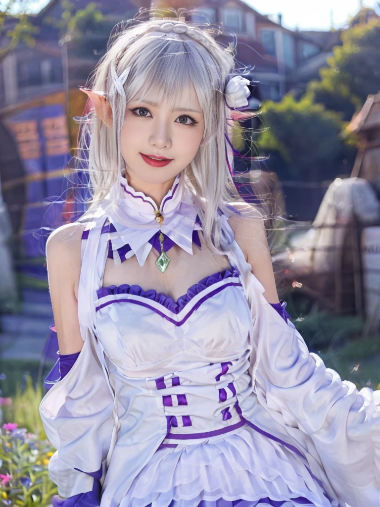 Highest quality、High resolution、Ultra-detailed、8k, Emilia、Emilia Masterpiece、Highest quality, In the castle courtyard, Bans, Clothes are white, 長いsleevemouth, just_shoulder, dull_前hair, Blurred, Blurred_background, Blurred_prospect, blush, Braid, huge breats,sexy body,sexy,chestout, chestの谷間, Closed_mouth, cloud, crown_Braiding, Tag, depth_In_Field, independent_sleeve, dress, Emilia_\(Again:Stay Night\), eyebrows_appear_Through_hair, flower柄, Precious stones, hair_flower, hair_Decorations have been removed, hair_ribbon, lens_Flare, length_hair, look up_in_Audience, low_length_hair, Moderate_chest, One_eye_Closed, Plein Air, Pleats_skirt, Spiky_ear, purple_eye, purple_ribbon, ribbon, Silver_hair, skirtの, null, Laughter, solo, very_length_hair, white_flower