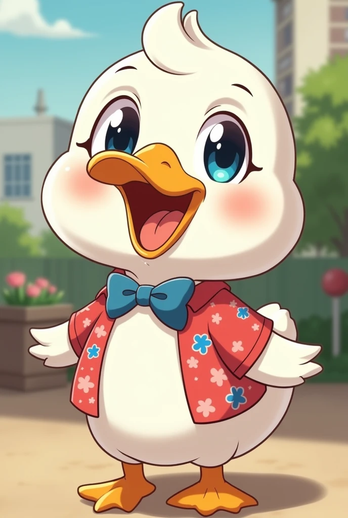 Create an image of a cheerful white goose who look at the camera with a anime and exaggerated look. The goose should have big, expressive eyes and the beak closed, and a rounded, soft body shape. The character should be dressed in a Light open red shirt with blue flowers, perhaps with bright patterns or a fun accessory like a bowtie or scarf, reflecting a vibrant and energetic personality. The background should be simple and not too detailed, focusing on the character in a friendly, light-hearted environment.