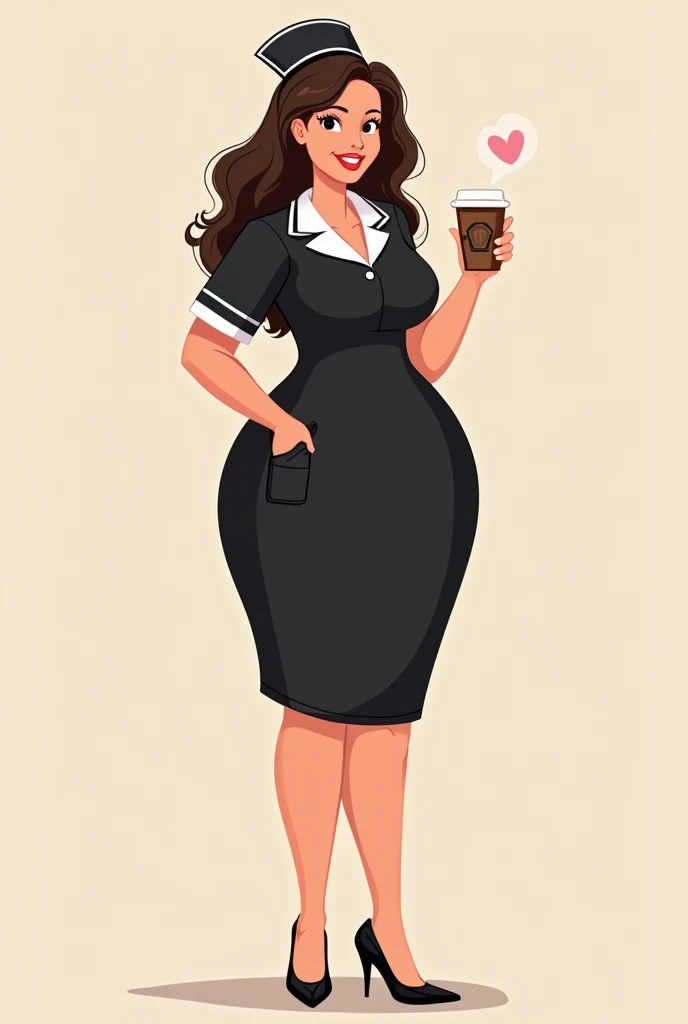 Curvy slim Nurse with coffee cartoon black dress