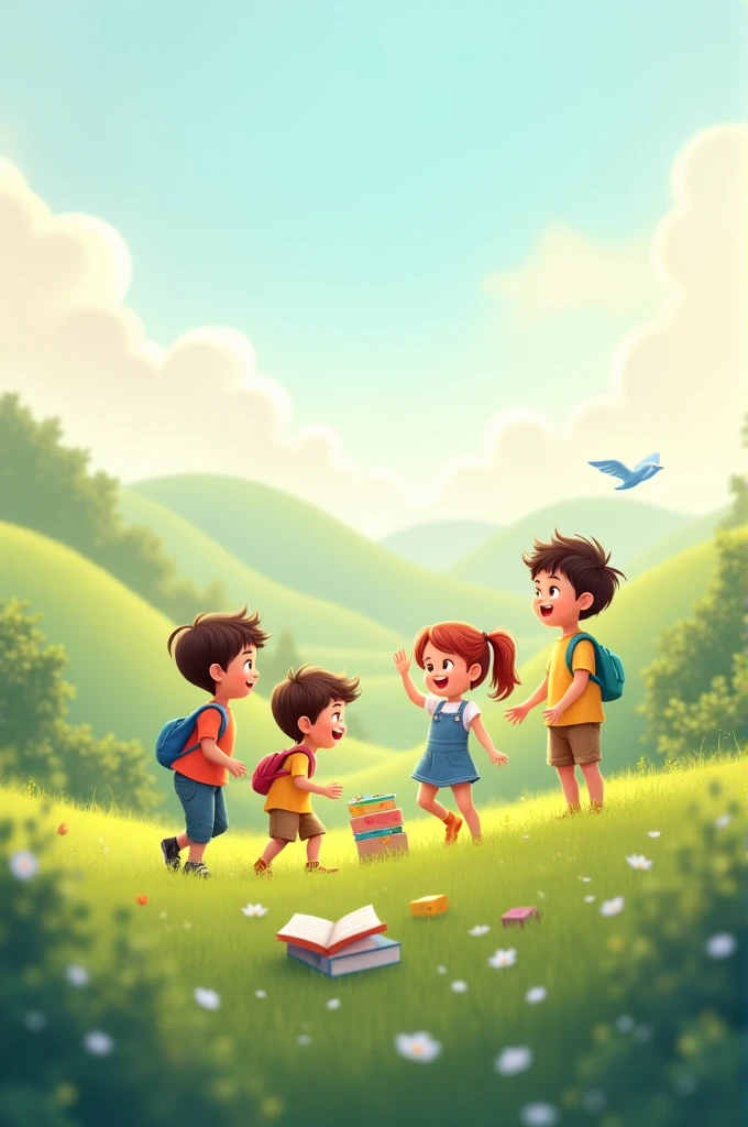 Create me an image with the word Civic Education 7. There are children playing on the grass and it is pastel colored.