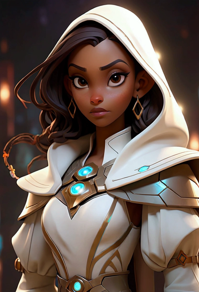 A futuristic female spellcaster wearing a streamlined, armored robe with holographic elements and glowing symbols, with a bit of seethrough skin. ((Big Breasts). She's in a high-tech arena with advanced magical constructs and an audience of diverse futuristic beings. The robe is black and white