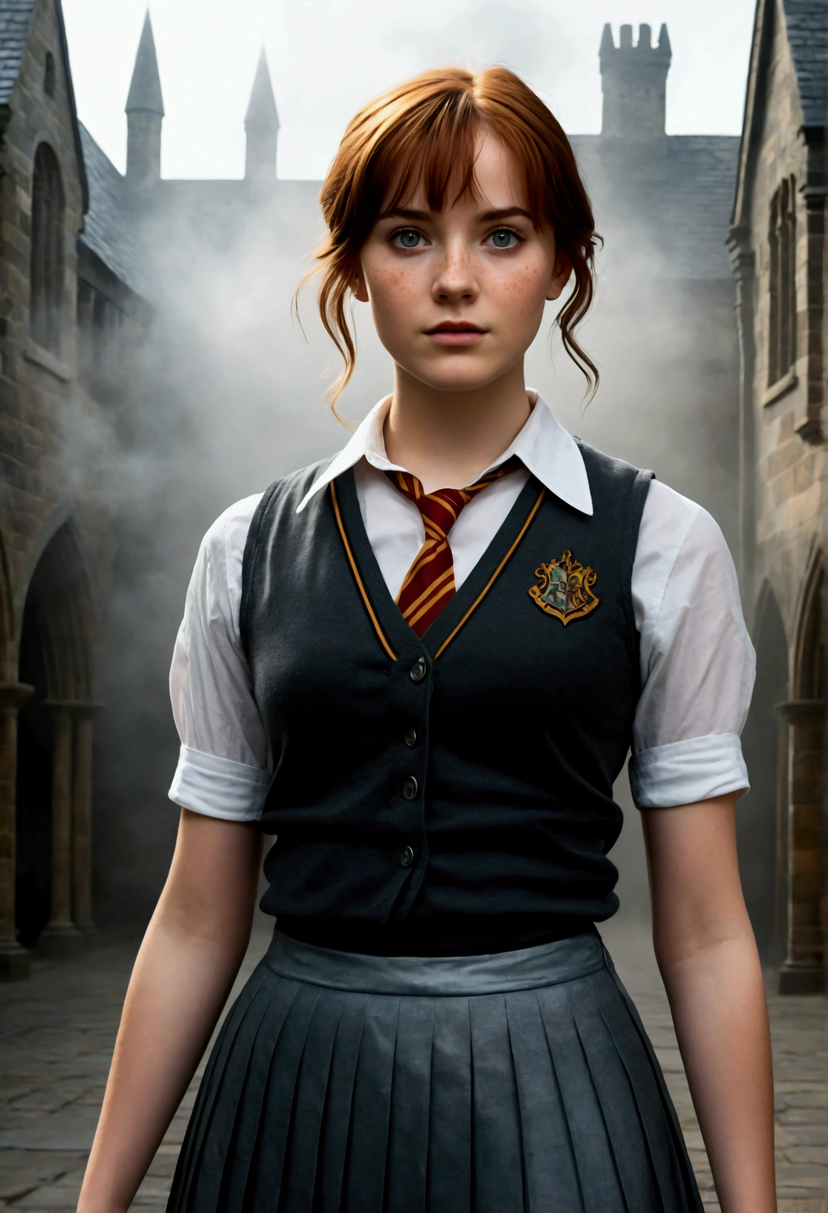 An illustrated movie poster, hand-drawn, full color, a teenage Hogwarts student, 18-years-old, female, wearing a charcoal vest and a pleated skirt, athletic hourglass figure, full wide hips, massive round butt, long shapely legs, ridiculously thick powerful thighs, vibrant eyes, deep dark auburn hair, punk pixie cut, flushed sun-kissed complexion, freckles, resembles Genevieve O'Reilly, standing in a foggy Hogwarts courtyard, surrounded by mist, graphite shading, stencil marks, airbrushed acrylic paint, masterpiece, close-up shot, in the style of the Deathly Hallows