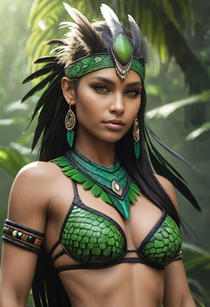 1girl, upper body, young tribal queen, tribal bikini, attractive, reptile humanoid with green scaly skin, black feathers instead of hair, fantasy character. Masterpiece, photorealistic, top quality, best quality, beautiful eyes, perfect eyes, upper body, muscular.