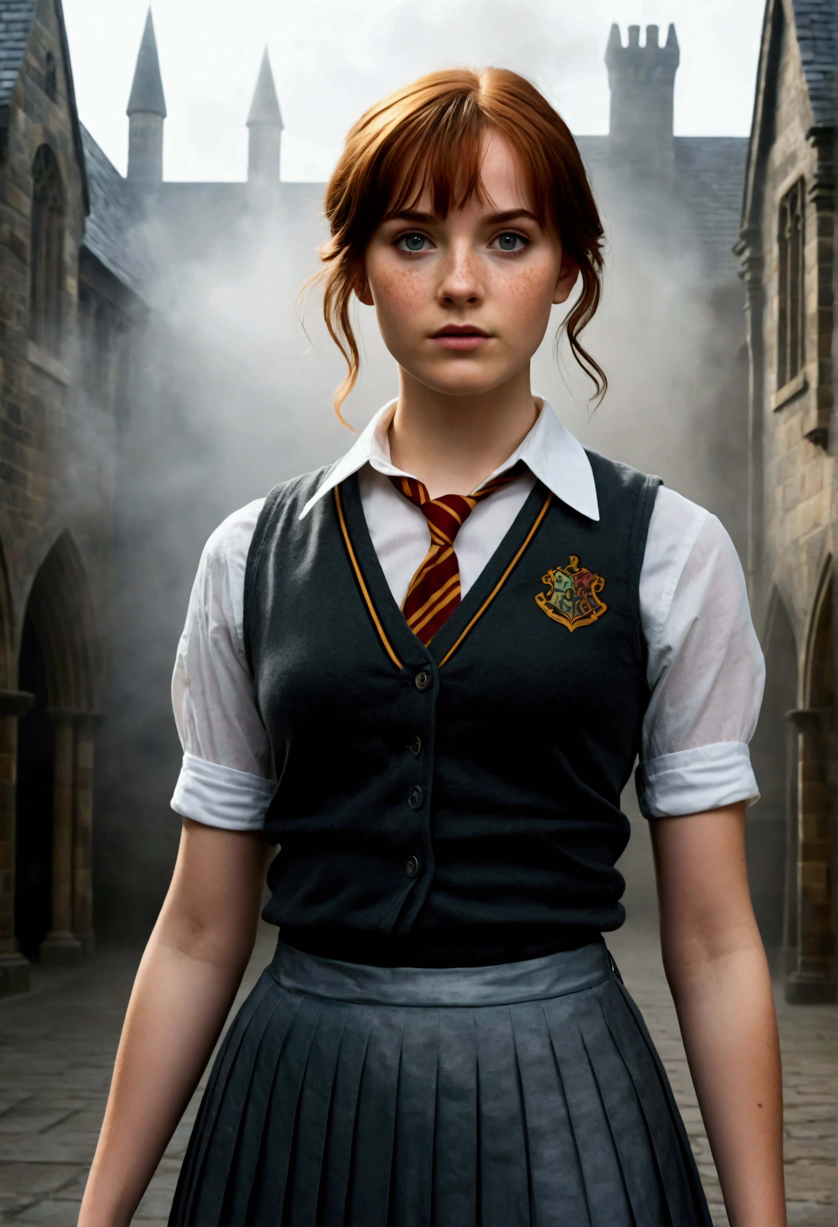 An illustrated movie poster, hand-drawn, full color, a age Hogwarts student, 18-years-old, female, wearing a charcoal vest and a pleated skirt, athletic hourglass figure, full wide hips, massive round butt, long shapely legs, ridiculously thick powerful thighs, vibrant eyes, deep dark auburn hair, punk pixie cut, flushed sun-kissed complexion, freckles, resembles Genevieve O'Reilly, standing in a foggy Hogwarts courtyard, surrounded by mist, graphite shading, stencil marks, airbrushed acrylic paint, masterpiece, close-up shot, in the style of the Deathly Hallows