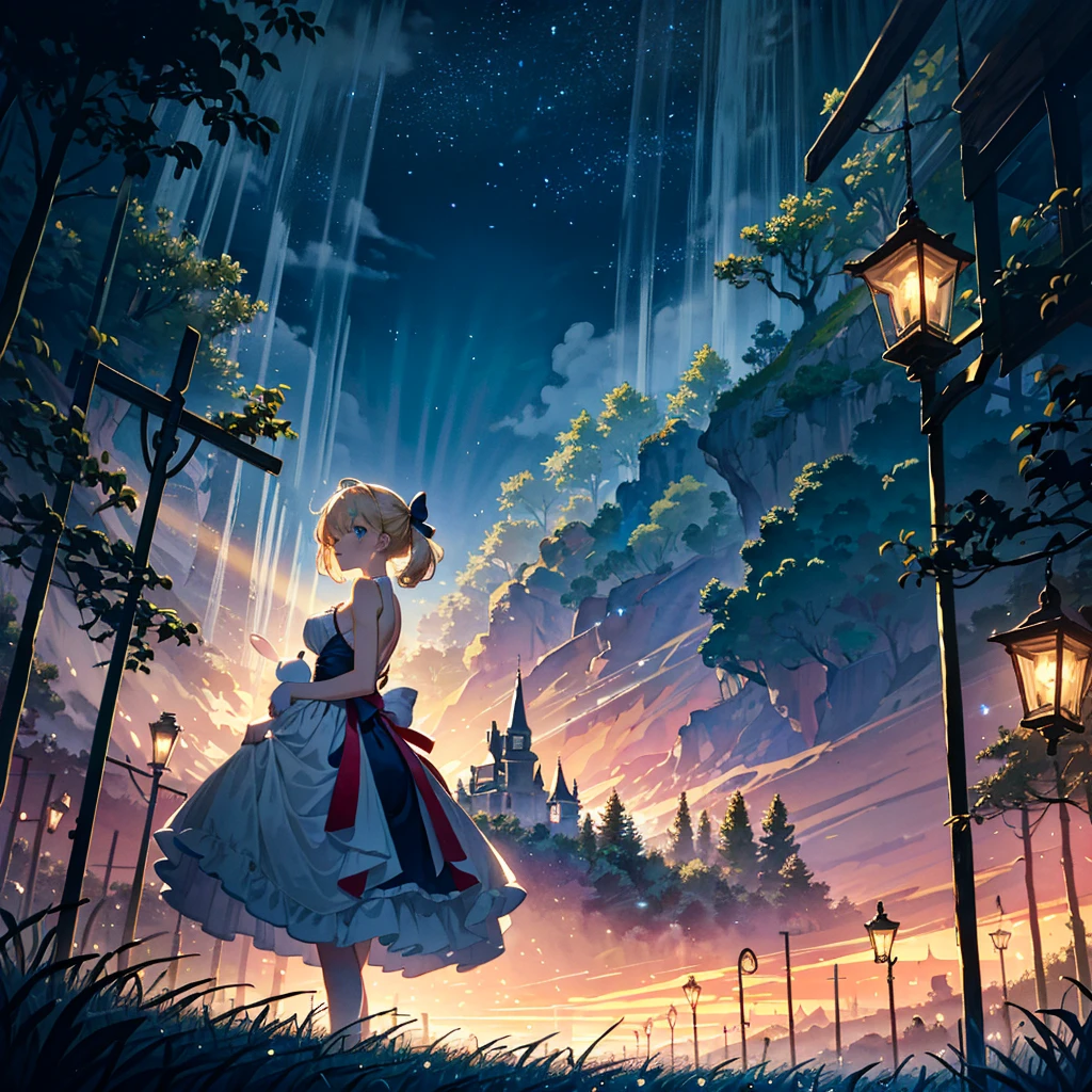 Fantasy world, eyes shine like searchlights in the darkness of the night, blonde hair, girl hugging a rabbit, healing, woman dressed as Alice in Wonderland, bare shoulders, side breasts, light and darkness, artistic A memorable masterpiece, a fantastic and enchanting landscape, watercolor: 1.3, delicate, detailed, masterpiece, intricate line drawing