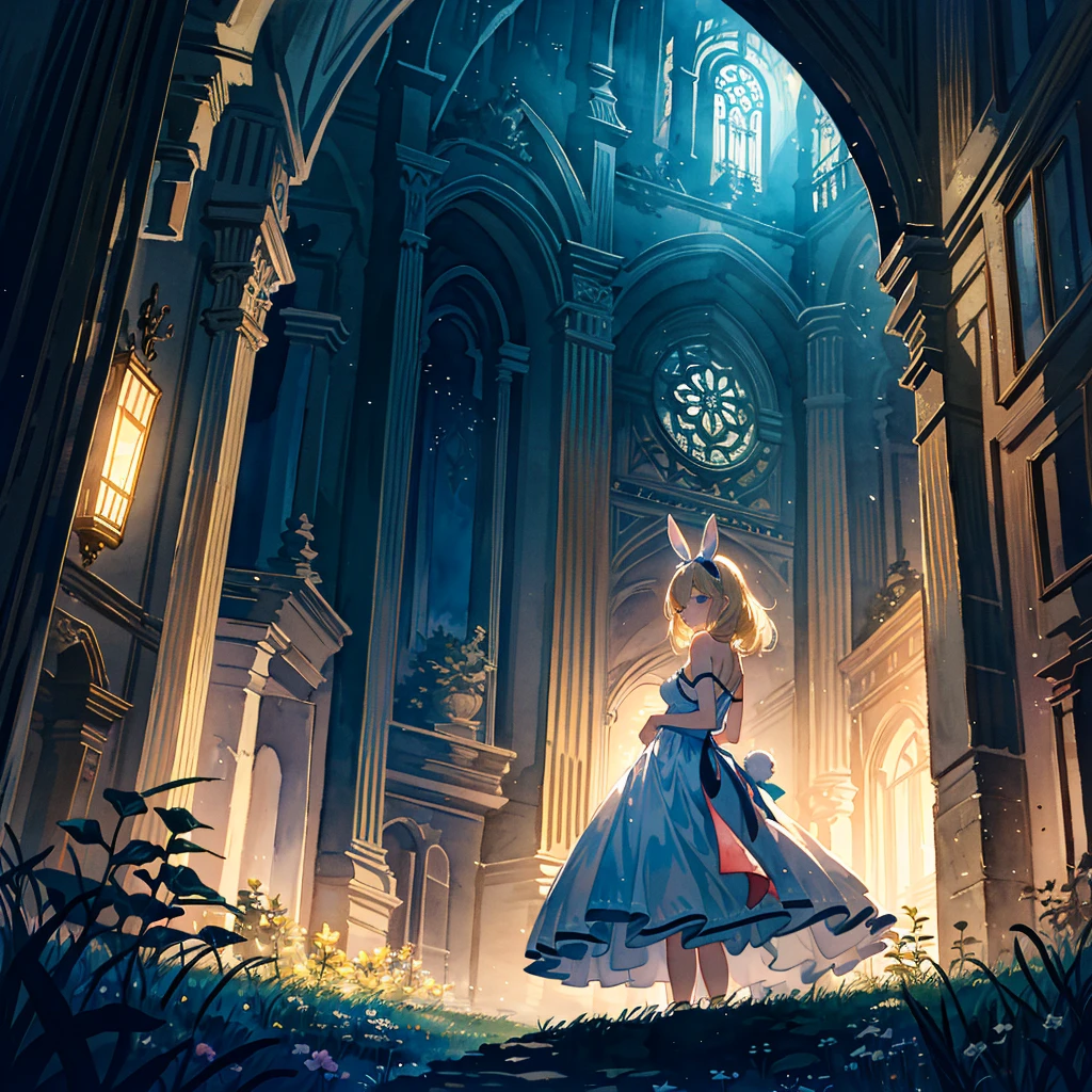 Fantasy world, eyes shine like searchlights in the darkness of the night, blonde hair, girl hugging a rabbit, healing, woman dressed as Alice in Wonderland, bare shoulders, side breasts, light and darkness, artistic A memorable masterpiece, a fantastic and enchanting landscape, watercolor: 1.3, delicate, detailed, masterpiece, intricate line drawing