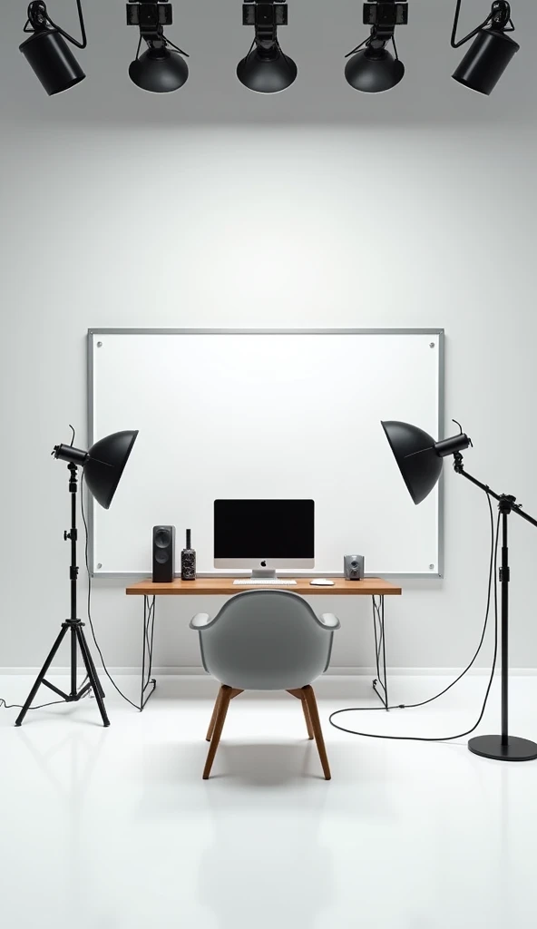 Create an image of a modern YouTuber studio. The studio should have a clean background with a white wall and a large whiteboard attached to it.. No studio, include a table with a microphone, a computer with a monitor, and some professional lighting lamps. Add a comfortable chair in front of the table and a minimalist background to make the whiteboard stand out.