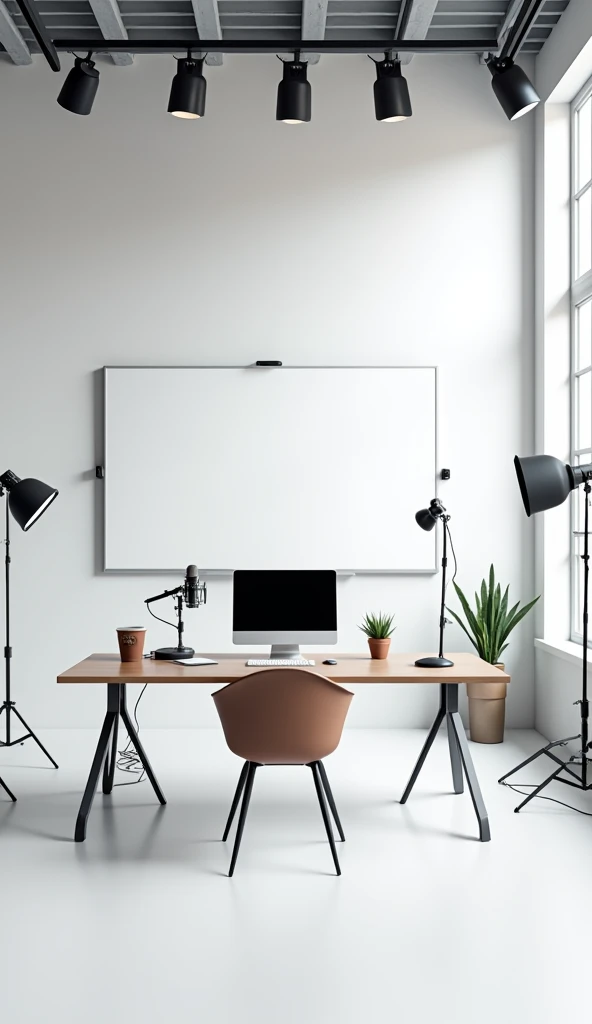 Create an image of a modern YouTuber studio. The studio should have a clean background with a white wall and a large whiteboard attached to it.. No studio, include a table with a microphone, a computer with a monitor, and some professional lighting lamps. Add a comfortable chair in front of the table and a minimalist background to make the whiteboard stand out.