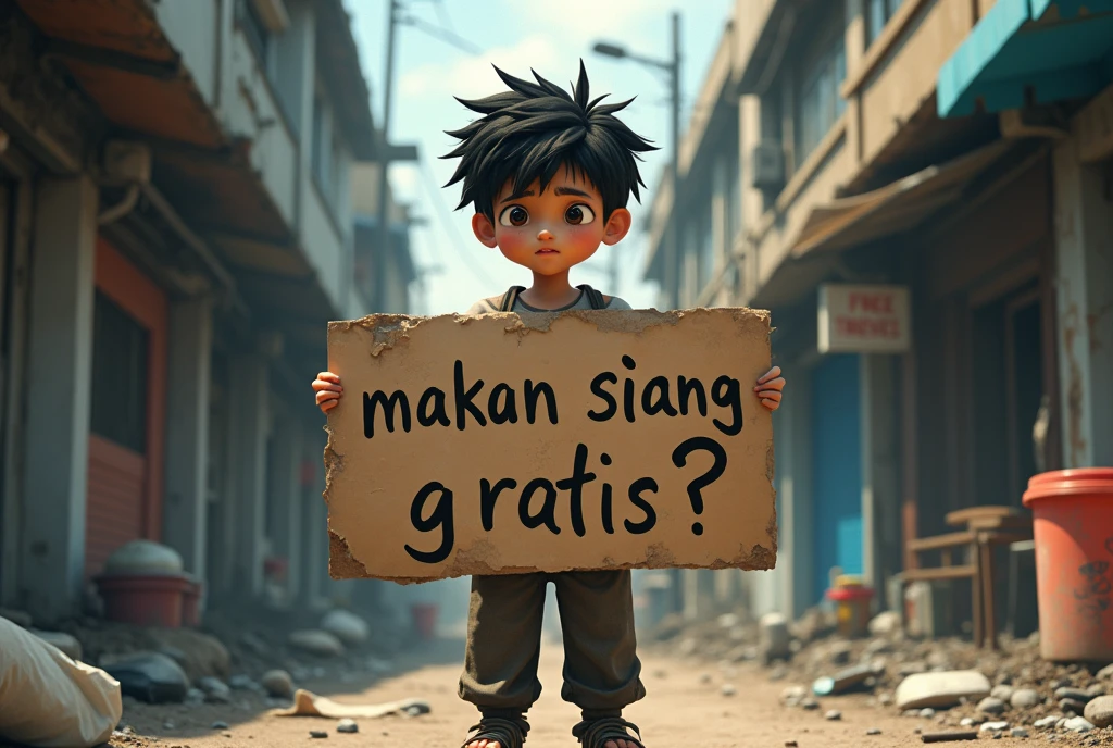 A homeless boy named "bujang" messy realistic hair, holding banner with text "makan siang gratis?", animation style