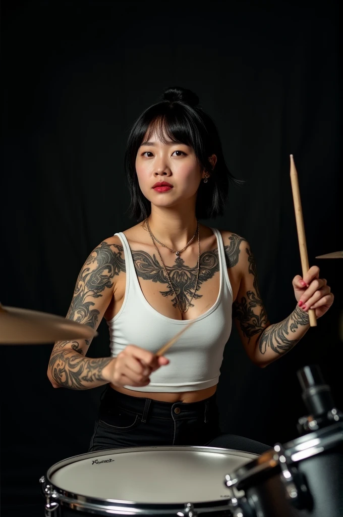 Korean girl (20 years old), camera from a distance, playing drums, tattooed arms, tattooed chest, tattooed hands, black background, wearing a white singlet, slightly tied hair, black hair, drummer, camera from the front