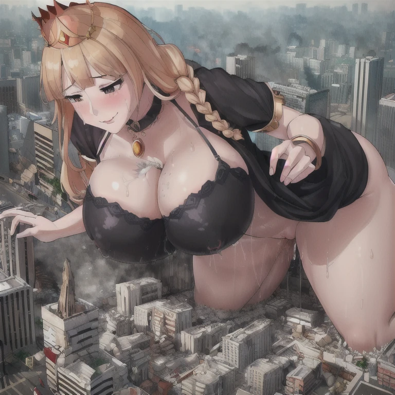 Perfect detail, Special Details, Highest quality,,expensive、Empress,A satisfied smile 、Confident Face,Triumphant Face、conceit、わがままEmpress、sense of beauty、Overwhelming Dominance、Overwhelming power、Overwhelming Destructive Power ,(Ahegao;1.2)、Elegant face、View Viewer, Brown Hair,Short Wavy Hair with Bangs, Braided,Clear,Super big breasts , Side bang, Partially exposed forehead, , Perfect body, Tolerant、Large Breasts,Butt.Sweating Body, Blushing, Cleavage.body fluid、Heat、(Blue lace lingerie,High school girls),Gold Bracelet,Gold Collar、 Luxurious crown,, necklace Pursing your lips、 A light smile, Drunk, expensiveディテール, Depth of written boundary, 1080P, 16K, Awards, High resolution, Highest quality, masterpiece, 超High resolution, Anatomically correct, Super detailed、Realistic、Perfect bodyライン Huge Breasts Overflowing Full body image Desire to monopolize aerial photograph、Joyfully Destroying the City with a Smile、 (A Giant Girl Larger Than Skyscrapers Destroying the City of Shibuya:1.5)、cute、body fluid,(large amount of vaginal fluid、ビルがbody fluidで溶かされる、Squirting)、Eroticism,share、Huge Breasts Overflowing from her Bra Go wild 世界のEmpress (World Conquest:1.5) Her Majesty 超巨大帝国のEmpress Supreme authority dictator goddess (Giant girl destroys a metropolis、Destroying buildings like toys:2) (A devastated metropolis:1.5) (巨大少女が大都市でビルを破壊してGo wild様子:1.5) (Giant Girl Rampaging in the Metropolis、Pushing down buildings、Satisfyingly using buildings for self-gratification:1.5) (Giant girl destroys a metropolis、Crushing a building with her thighs:1.5)(A large amount of rubble、genocide:1.5) (Queen of the whole world:1.5)