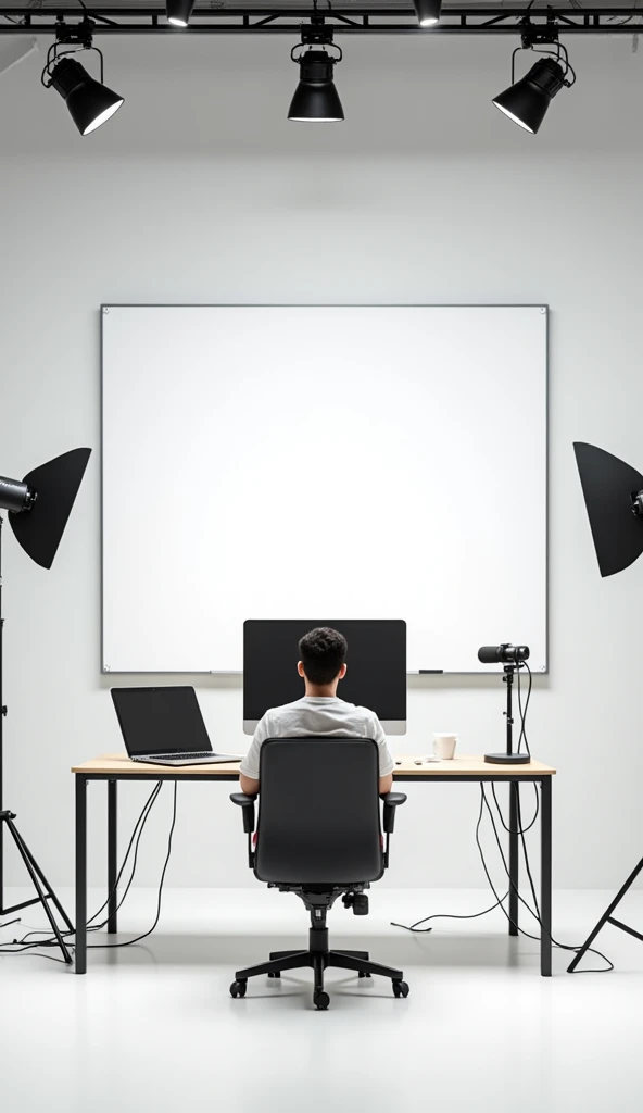 Create an image of a modern YouTuber studio. The studio should have a clean background with a white wall and a large whiteboard attached to it.. No studio, include a table with a microphone, a computer with a monitor, and some professional lighting lamps. Add a comfortable chair in front of the table and a minimalist background to make the whiteboard stand out.