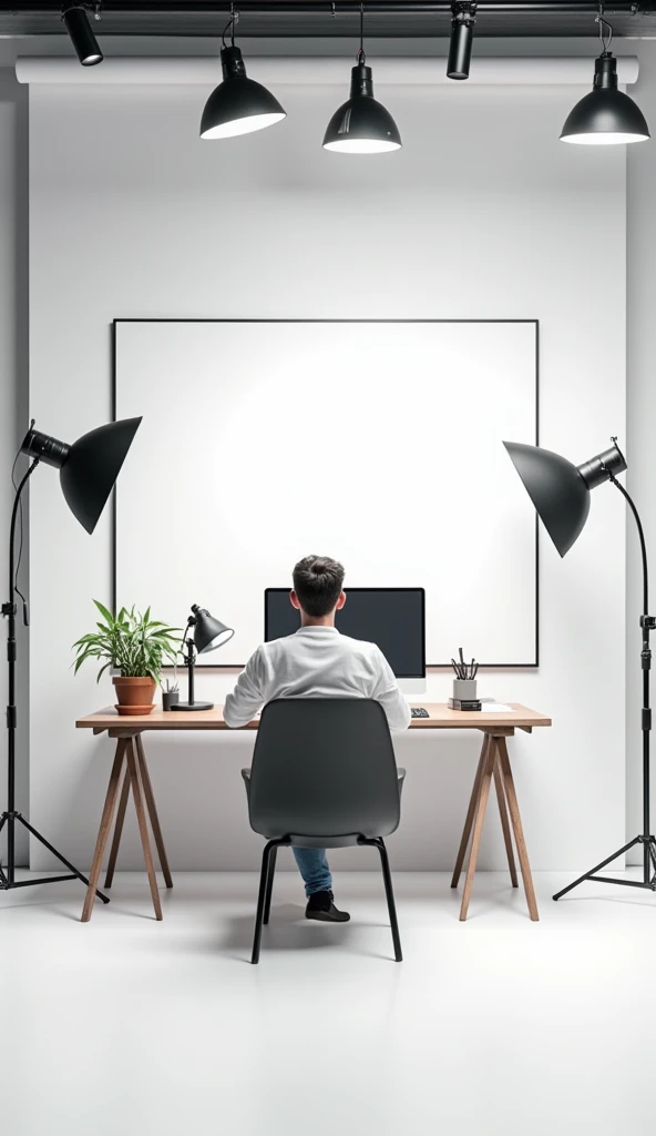 Create an image of a modern YouTuber studio. The studio should have a clean background with a white wall and a large whiteboard attached to it.. No studio, include a table with a microphone, a computer with a monitor, and some professional lighting lamps. Add a comfortable chair in front of the table and a minimalist background to make the whiteboard stand out.
