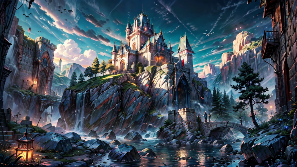Realistically carved castle and stone walls on a rocky hill, Gothic futurism style, Eve Ventler, Philip Hodas, Structured Chaos, The water walkway reflects the blue sky, Fine details