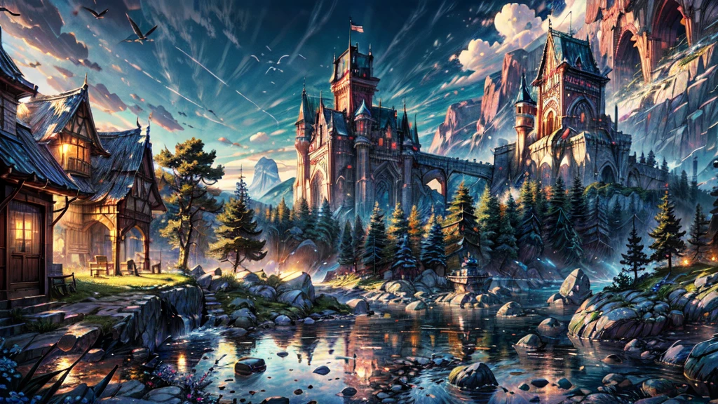 Realistically carved castle and stone walls on a rocky hill, Gothic futurism style, Eve Ventler, Philip Hodas, Structured Chaos, The water walkway reflects the blue sky, Fine details
