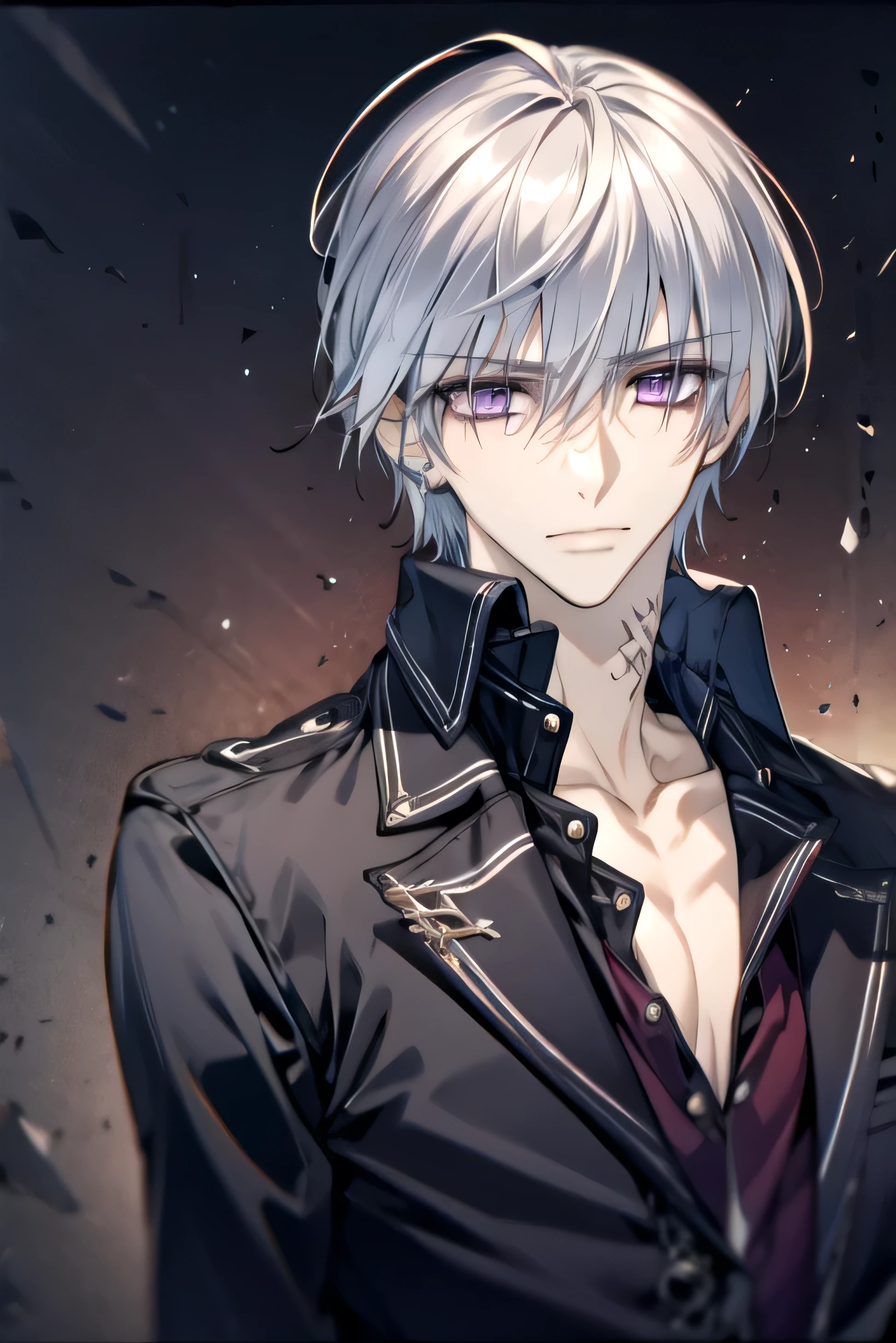 (absurdres, highres, ultra detailed, HDR), masterpiece, best quality, Zero Kiryuu, 1man, solo, handsome, (short silver hair), vibrant purple eyes, finely eye and detailed face, (solid black background), shirtless, vampire knight, (arms behind back), solid crimson background, (portrait), 
