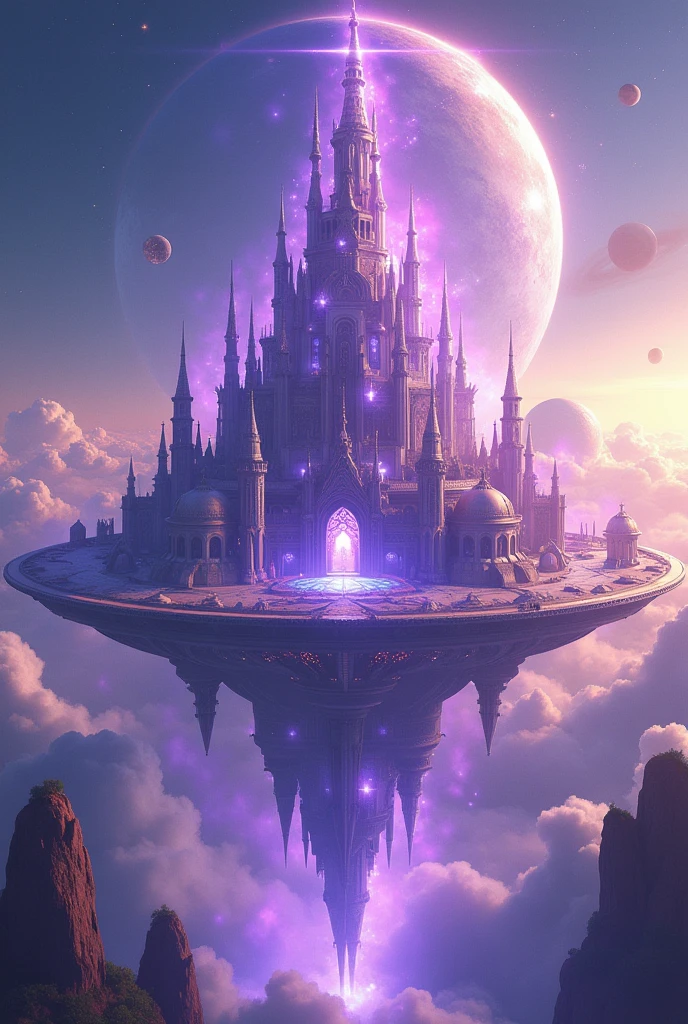 ((masterpiece)), Best Quality, (8k, Best Quality, masterpiece:1.2), ultra detailed, illustration, big fantasy city, Science fiction, ethereal city, floating city, many planets in the heavens, clouds around, heavenly architecture, purple energy healing around, Giant castle in the center., astral skies