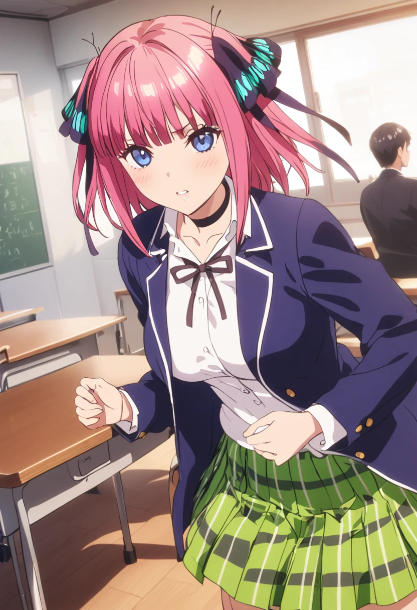 (Highest quality, 4K, 8k, High resolution, masterpiece:1.2), Very detailed, Picturesque, Animated Photography, Photo Animation:1.37)、Japanese schoolgirl、(Pink Hair)、(short hair)、(Butterfly hair)、uniform、White shirt、Yellow-green checkered skirt、Navy blue jacket、Black choker、classroom、Nakano Nino
