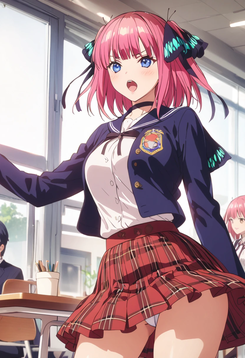 (Highest quality, 4K, 8k, High resolution, masterpiece:1.2), Very detailed, Picturesque, Animated Photography, Photo Animation:1.37)、Japanese schoolgirl、(Pink Hair)、(short hair)、(Butterfly hair)、uniform、White shirt、Yellow-green checkered skirt、Navy blue jacket、Black choker、classroom、Nakano Nino