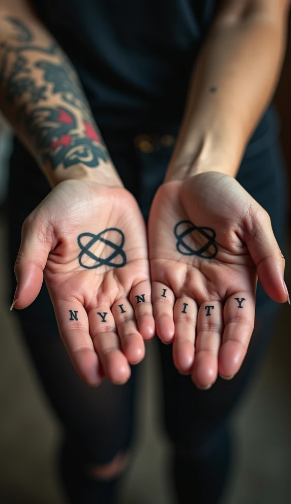 close up of tattooed hands of a woman, showing both knuckles to the viewer, each finger a letter tattoo spells "infinity"