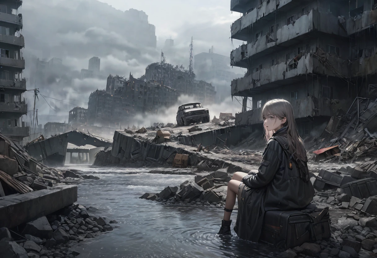 Realistic scenery, hyper detailed, Post-apocalyptic, Most of it is covered with water, Artificial island, detailed, Ultra-high quality, high quality, Buildings everywhere, Destroyed buildings, Completed, More darkness, Dark Scene, Post-apocalyptic, FOG, Darker, A girl sitting by the road,