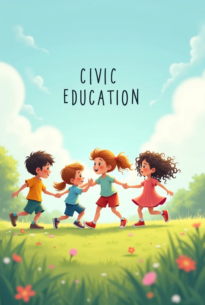 Create me an image with text "Civic Education 7". There are children playing on the grass and it is pastel colored. 