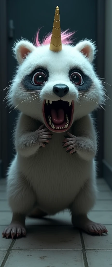 A hauntingly realistic 4K digital illustration captures the chilling moment of a cute, extra fluffy  raccoon undergoing a horrifying transformation into a stuffed unicorn. The raccoon's soft, plush unicorn skin contrasts sharply with its desperate, terror-stricken expression, as it struggles to hold its massive, plush head up with trembling hands. The dimly lit, tiled basement adds to the sinister atmosphere, while the raccoon's wide eyes convey the agony of this nightmarish metamorphosis. The intricate details, lifelike textures, and 3D render of this unsettling transformation process leave a lasting impression on the viewer, making this conceptual art truly unforgettable., 3d render, photo, conceptual art