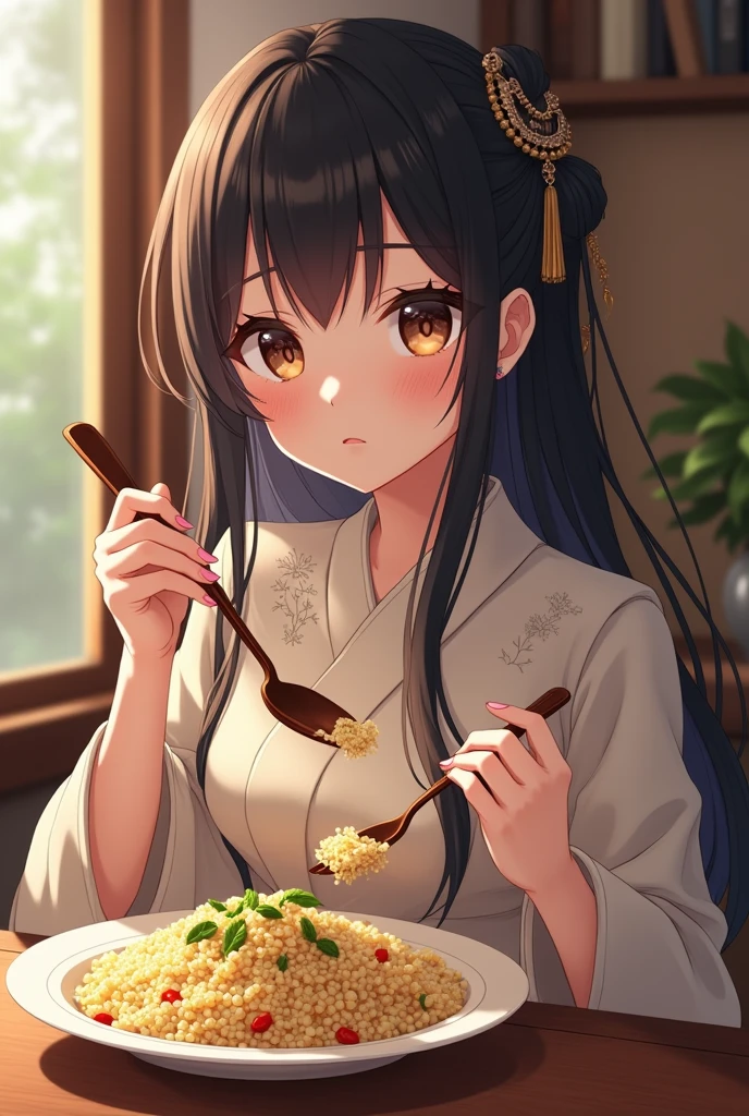 Photorealistic、Highest quality、Highest Resolution、Highest quality、８Ｋ、Beautiful woman、anime verge , uq holder , going to eating couscous
