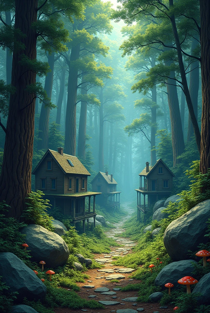 cyberpunk, inside, There is a dense primeval forest with many photographs of old house constructions., cyberpunk, inside, there are many stones, lush green forest background, thick tree background, big meadow, sand bottom, game background, exaggerated forest background, cartoon style