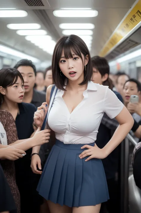 (crazy behavior:1.8) japanese women, huge breasts:1.5, oversized breasts, (white short sleeve shirt,dark blue ribbon,pleated sho...