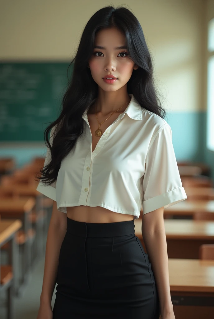 Beautiful girl with smooth skin, black hair, dark eyeshadow, gold pendant (beautiful bra, C shape), wearing a Thai student uniform, a white short-sleeved shirt, a black short skirt, a tight fit, standing and posing in a classroom. The background is a classroom, student desks and chairs in 1980. The most realistic picture.
