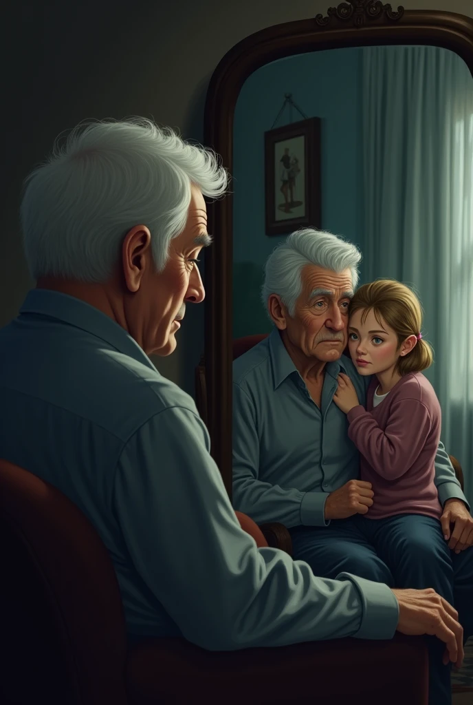 An image of an elderly man watching his daughter and son-in-law who are in another room from the mirror 