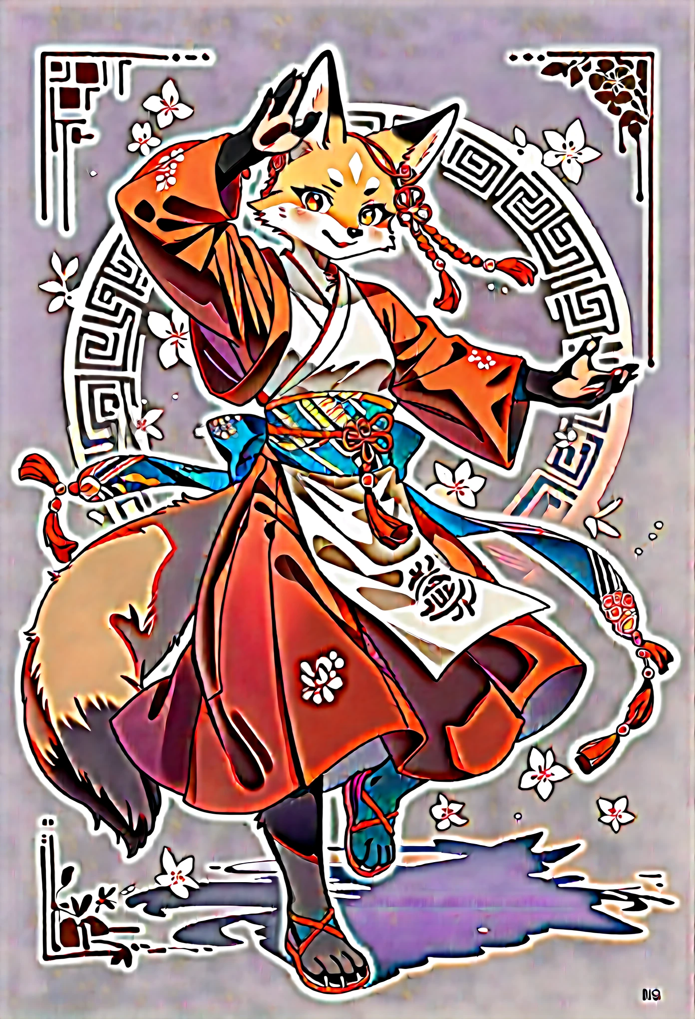 rating_safe, score_9, score_8_up, score_7_up, score_6_up, score_5_up, score_4_up, hires, source_furry, cover page, ancient Chinese beauty, kemono, solo focus, furry anthro, fox facial features, fox body features, very detailed body fur, full body, dancing pose,