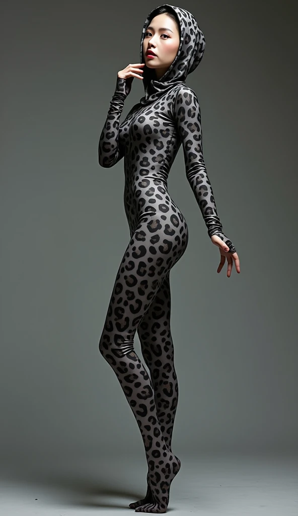 the beautiful and thest Chinese adult girl with beautiful cheeks wears grey leopard print lycra footed turtleneck unitard catsuit covered with black leopard patterns.She always wear grey leopard print lycra elastane stretchy dancewear hijab-like zentai hood.She is take part for contortion.She is my beautiful contortionist in the world.