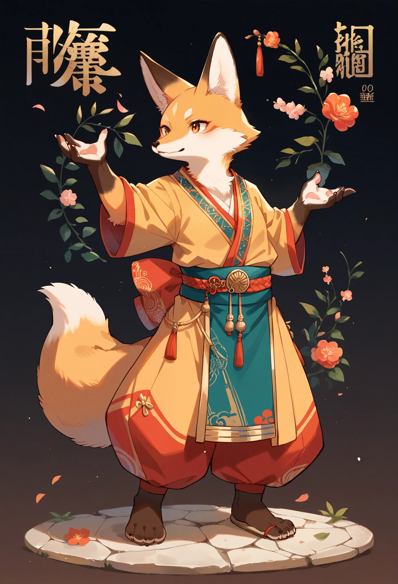 rating_safe, score_9, score_8_up, score_7_up, score_6_up, score_5_up, score_4_up, hires, source_furry, cover page, ancient Chinese beauty, kemono, solo focus, furry anthro, fox facial features, fox body features, very detailed body fur, full body, dancing pose,