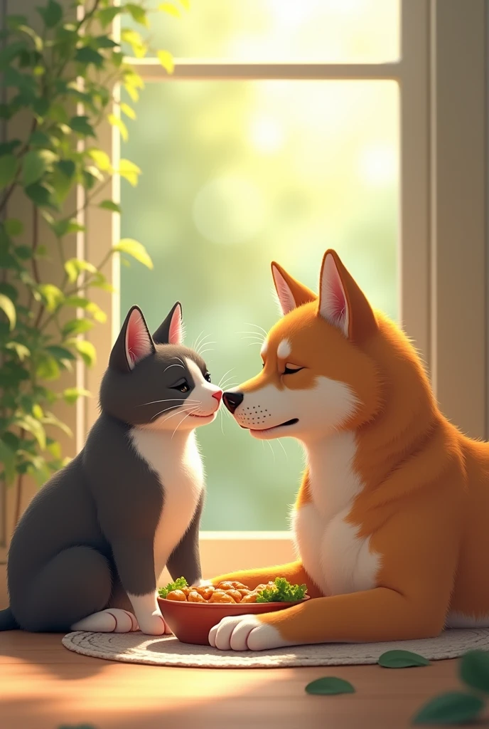 Cat and dog eat food or relax ti
