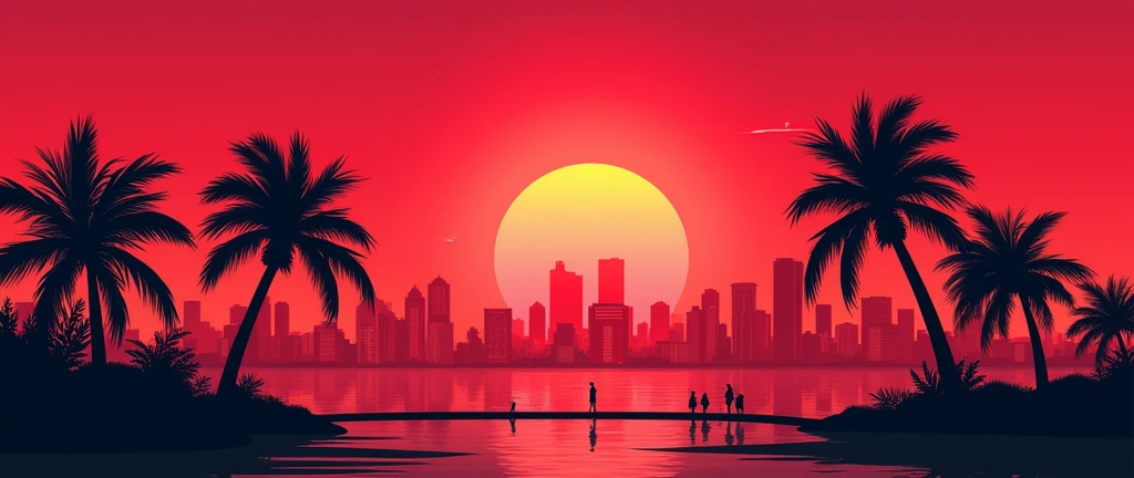 make a minimalist Miami landscape image, with palm trees, buildings and etc., nas cores do Miami heat (red and black) not vaporwave style