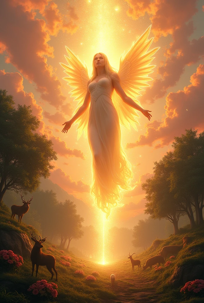 "A divine figure of God descending from the heavens, bathed in a radiant golden light, with celestial beings hovering around. The background is a lush green forest with the sky glowing in hues of pink and orange as the sun sets. The earth below seems to welcome His arrival, with flowers blooming and animals gathering in peace."