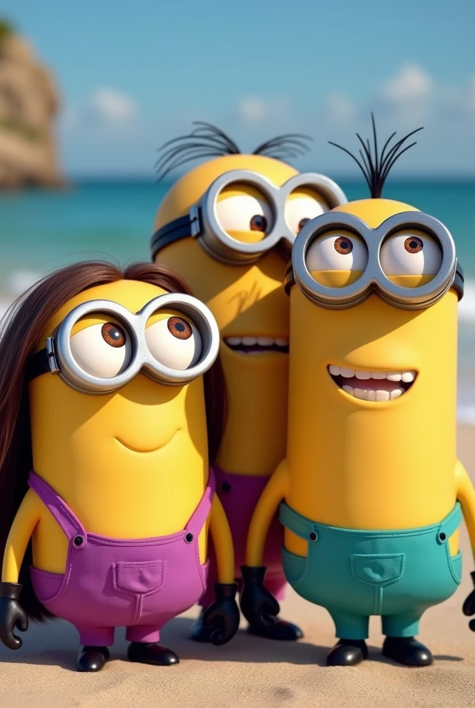 I would like to create three minions in bikinis, a purple bikini, the other pink and the other turquoise, All three are smiling, The Minion with the purple bikini has long, loose hair that is straight and dark brown. , The Minion with the turquoise bikini has long brown hair and the Minion with the pink bikini has long light brown hair with blonde highlights. The Minion with the turquoise bikini has good eyes and long hair.