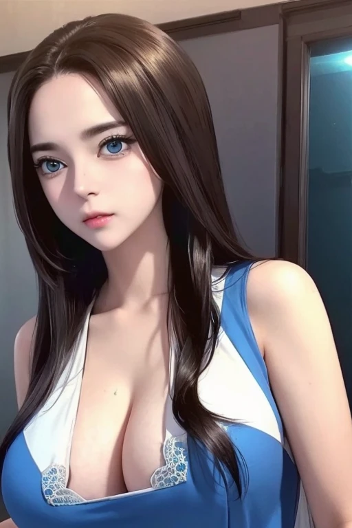 Best quality at best,,Reslisticstyle, (girl ), Colossal tits:1.5, shin yuna, brown hair, (Long Straight hair), eyelids, big eyes, blue eyes, see camera, (Sexy Slit Dress), sexy body