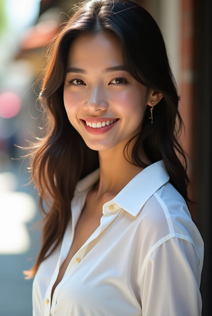 RAW photos, camera gaze, ((top quality, 8k, masterpiece: 1.3)), sharp focus: 1.2, white shirt, pretty features, best smile, cute smile, beautiful woman in perfect style: 1.4, slender abs: 1.2, dark brown hair, (natural light, city street: 1.1), highly detailed face and skin texture, detailed eyes, double eyelids