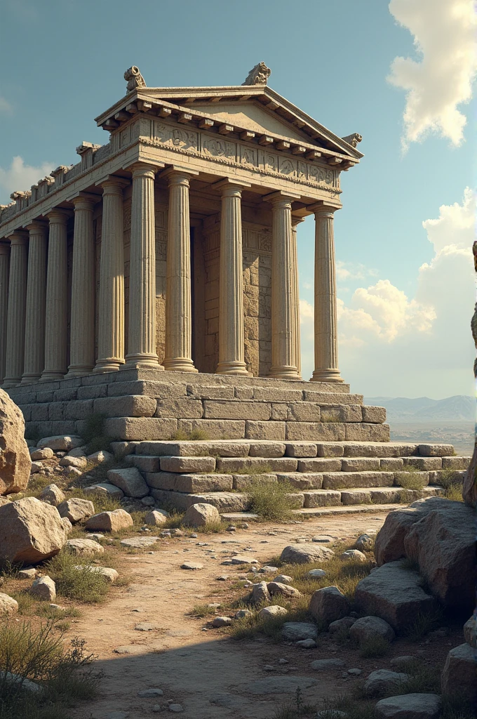 An ancient Greek temple in ruins from a battle