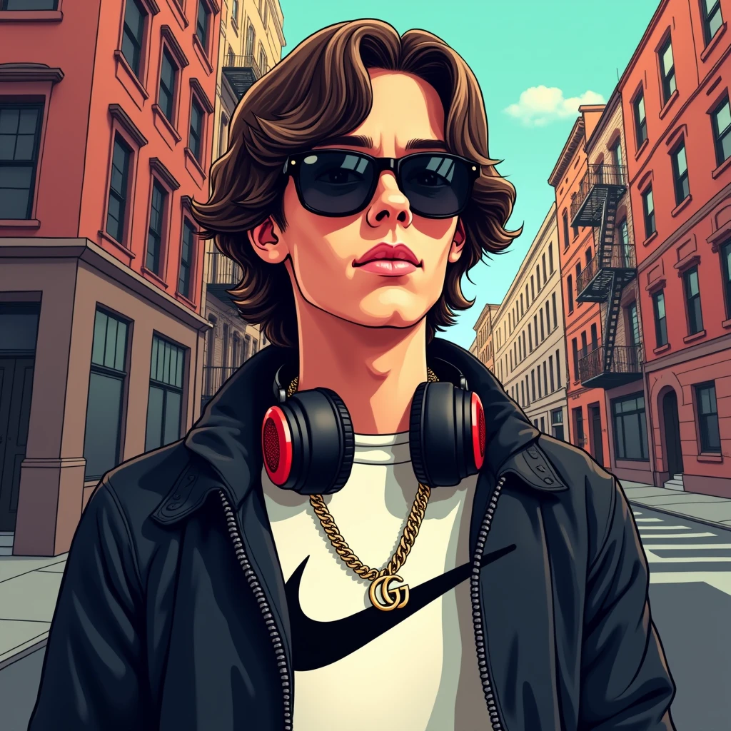  A stylized illustration, with framing from the waist up, This type of art will be based on cartoon and manga fundamentals.. A man who looks like Tom Holland in a Nike shirt, trap singer style and behind a blookyn neighborhood, with headphones and a black jacket, wearing Gucci sunglasses, medium hair 