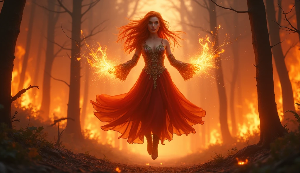 Dota2, lina inverse, floating, fire in his hands, burning forest in the background. photorealistic, 4k