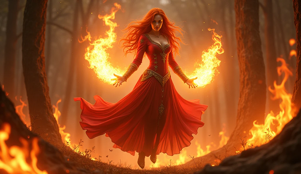 Dota2, lina inverse, floating, fire in his hands, burning forest in the background. photorealistic, 4k